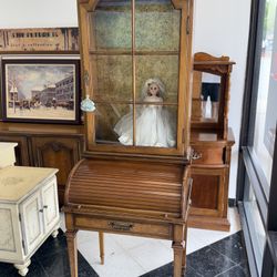 Vintage Secretary Desk Cabinet with Glass Display Hutch – Elegant Roll-Top Design – Wood Finish