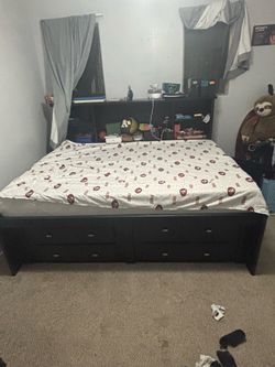 Full-Size Storage Bed with Bookcase Headboard & Drawers – Dark Finish