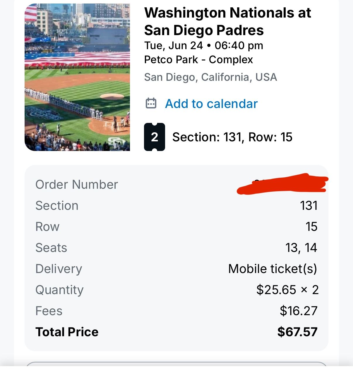2 Padres Tickets For 6/24