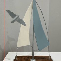 Small Cream & Gray Metal with Wood Base Sailboat