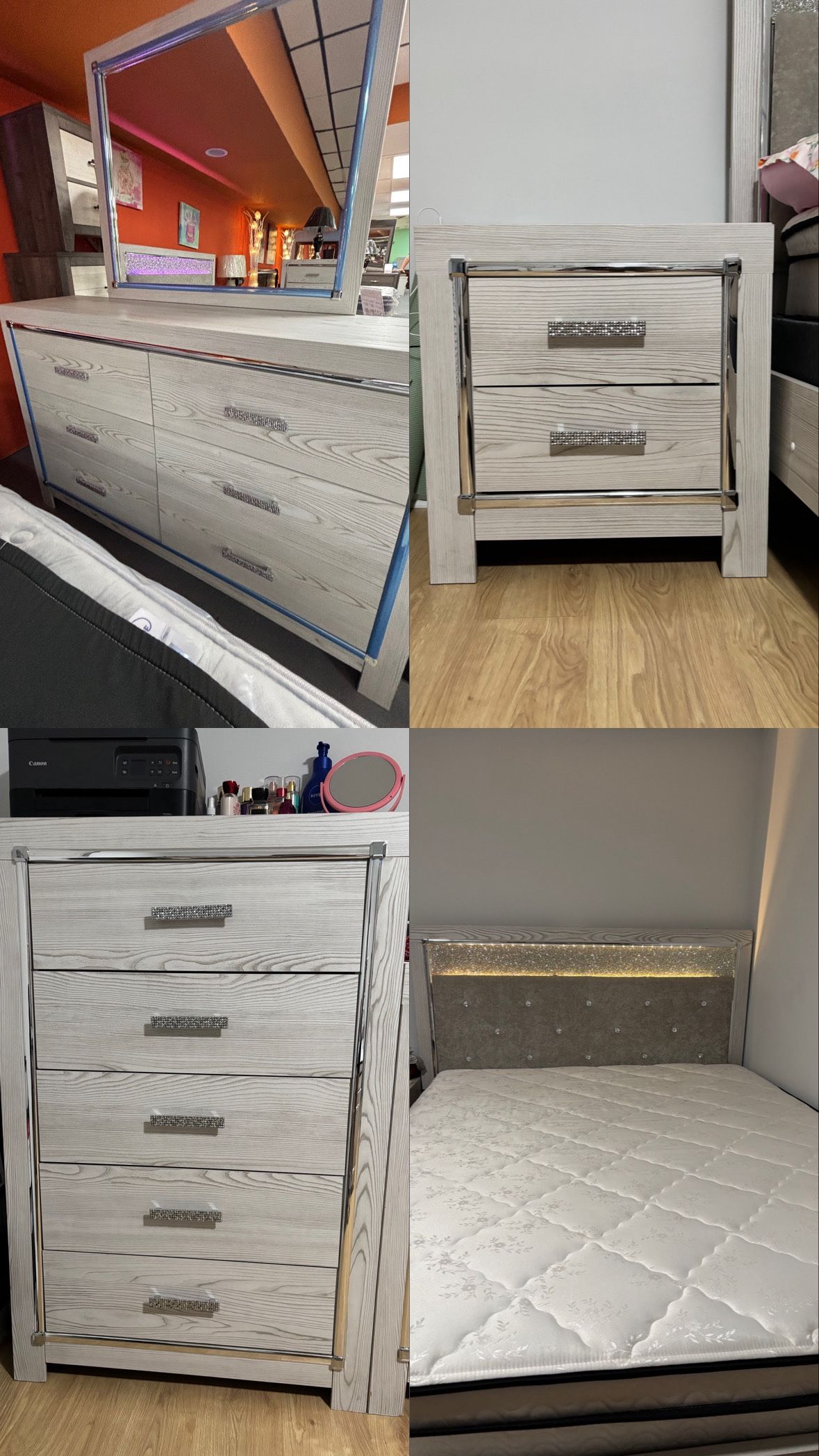 Modern Queen Bedroom Set – Like New! (Bed, Dressers, Mirror, Nightstand)