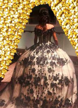 Black & Champagne floral Quinceañera dress size 2 /small  Corset back