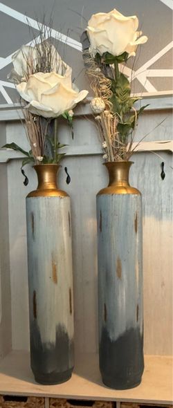 Pair of Tall Rustic Blue and Gold Decorative Floor Vases, 36"