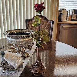 Vintage Vase Ceramic Wood Finish & Rose / Decor / Antique / Furniture / Man Cave / Collectible / Flowers / Nostalgia / Floral / Decorations