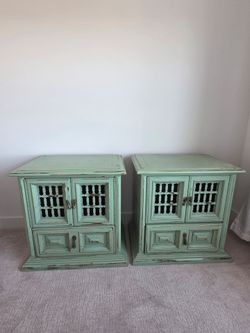 Pair of Solid Wood Distressed Mint Green Nightstands