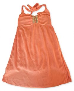 INDO MARIO Orange Halter Gauze Dress Beaded Wood Detail Smocked Back