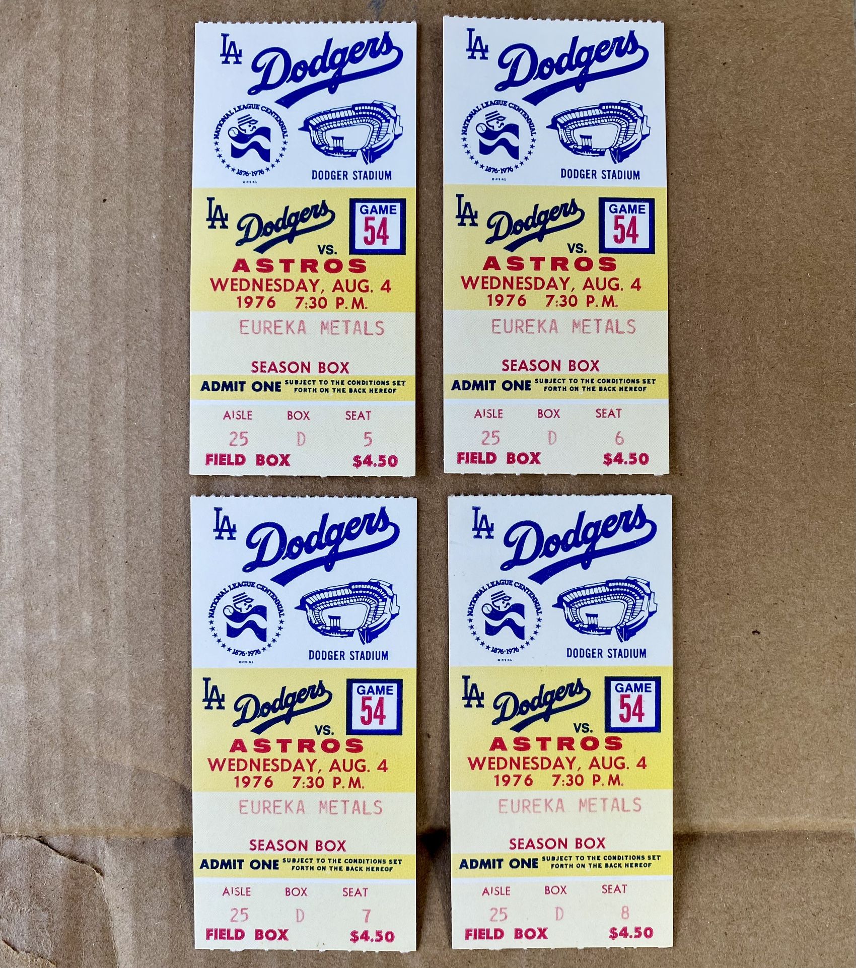 8/4/76 MLB Centennial LA Dodgers vs Astros @ Dodger Stadium Game 54 Ticket Stubs