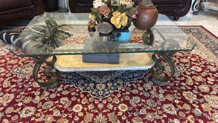 Glass Top Coffee Table with Scrolled Metal Base