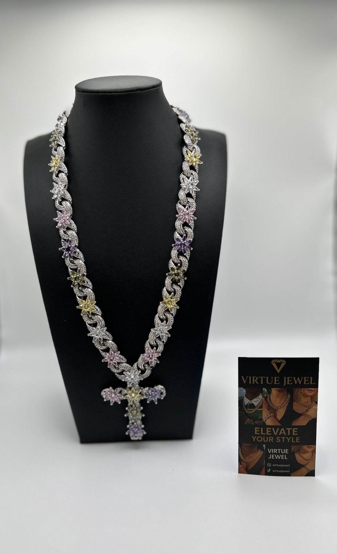 White Gold Plated Cross Silver Cross Purple Yellow Pink Flowers 