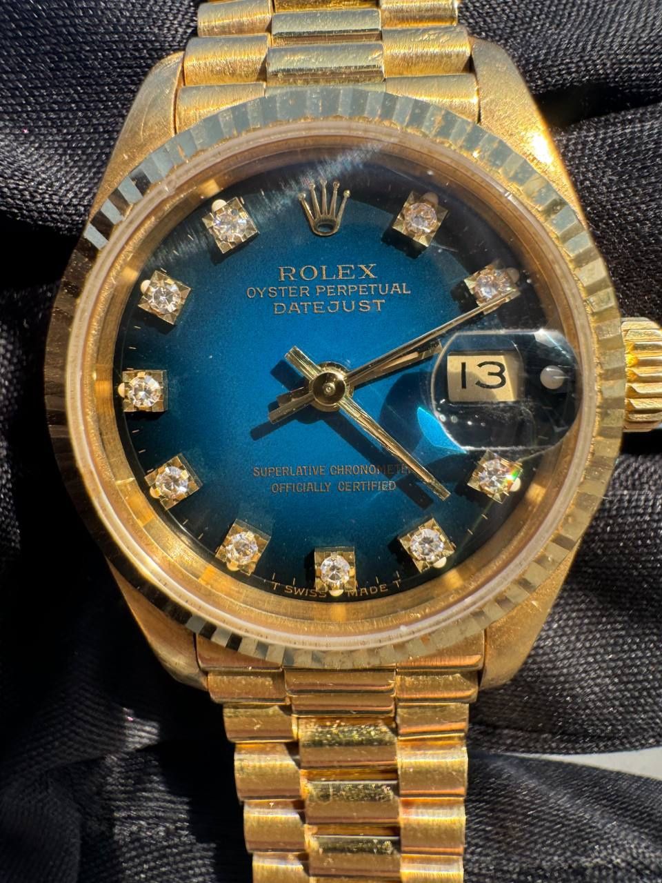 Rolex Datejust 26mm president Factory Vignette blue diamond dial 18k solid yellow gold 69178 box & papers