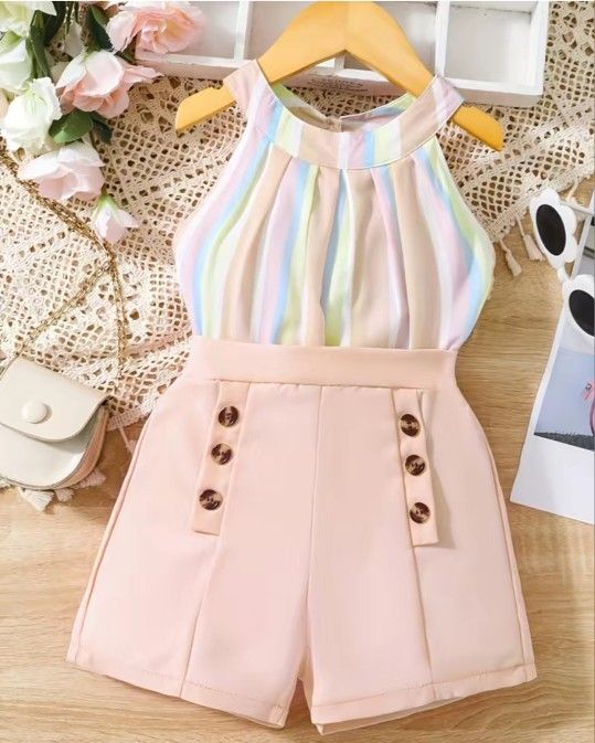 2 Pcs Girl's Casual Outfits, Rainbow Striped Halter Neck Top & Button Shorts Set, For Party Beach Holiday Vacation Kids Summer Clothes (Please Purchas