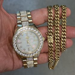 icey hip hop man watch and Miami Cuban necklace