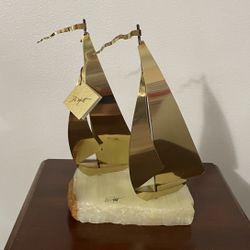 Vintage Signed DeMott Brass And Onyx Duo Sailboat Sculpture