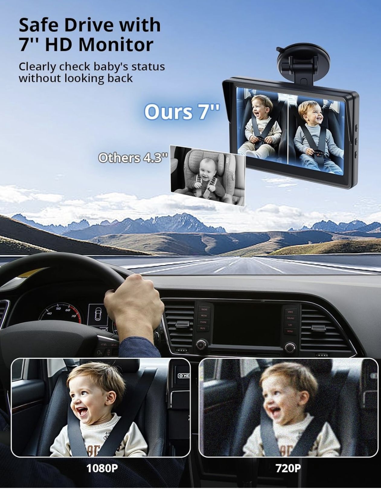 Car Camera for 2 Kids, 7 inch Display with 2 IR Night Vision Cameras, rear facing backseat
