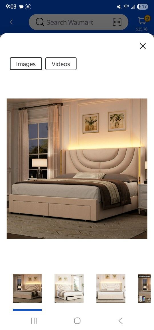 Homfa Queen Size LED Bed Frame with 2 Drawer Storage, Wingback Platform Bed with Velvet Upholstered Headboard, Off-White