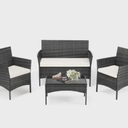 NEW IN A BOX, 4 Piece Patio Furniture Set, BLACK All-Weather PE Wicker Outdoor Conversation Set with Soft Removable Cushions And Tempered Glass Coffee