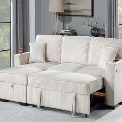 2pcs Sectional Sofa w/storage chaise,pulloutbed+cupholder & USB connection in sofa