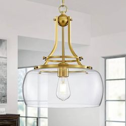 New 13.4in Rustic Round Pendant Light Brushed Gold Clear Glass Adjustable Chain Bulb Inc