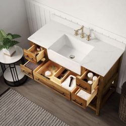 IOUISE 48 in. Wx22in.Dx35.7in.H Bath Vanity in brown with Quartz vanity top in white with white basin