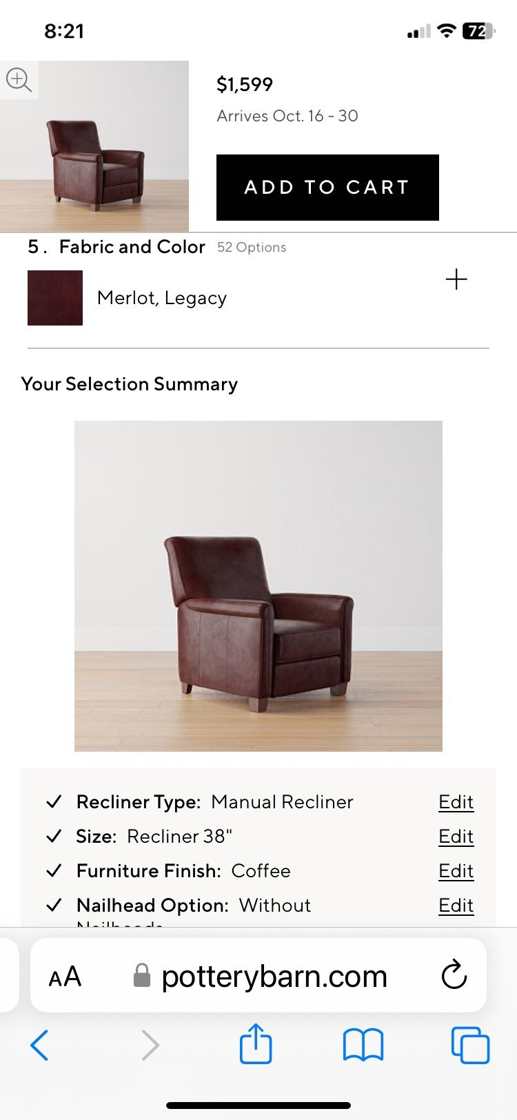 Pottery Barn Irving Recliner