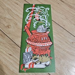 Vintage Christmas Card Cute Warm Cat Furnace Teapot Hawthorne Sommerfield Litho USA Red White Green Textured Glitter Holiday Christmas Card