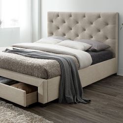 FULL SIZE BEIGE LINENTUFTED STORAGE BED