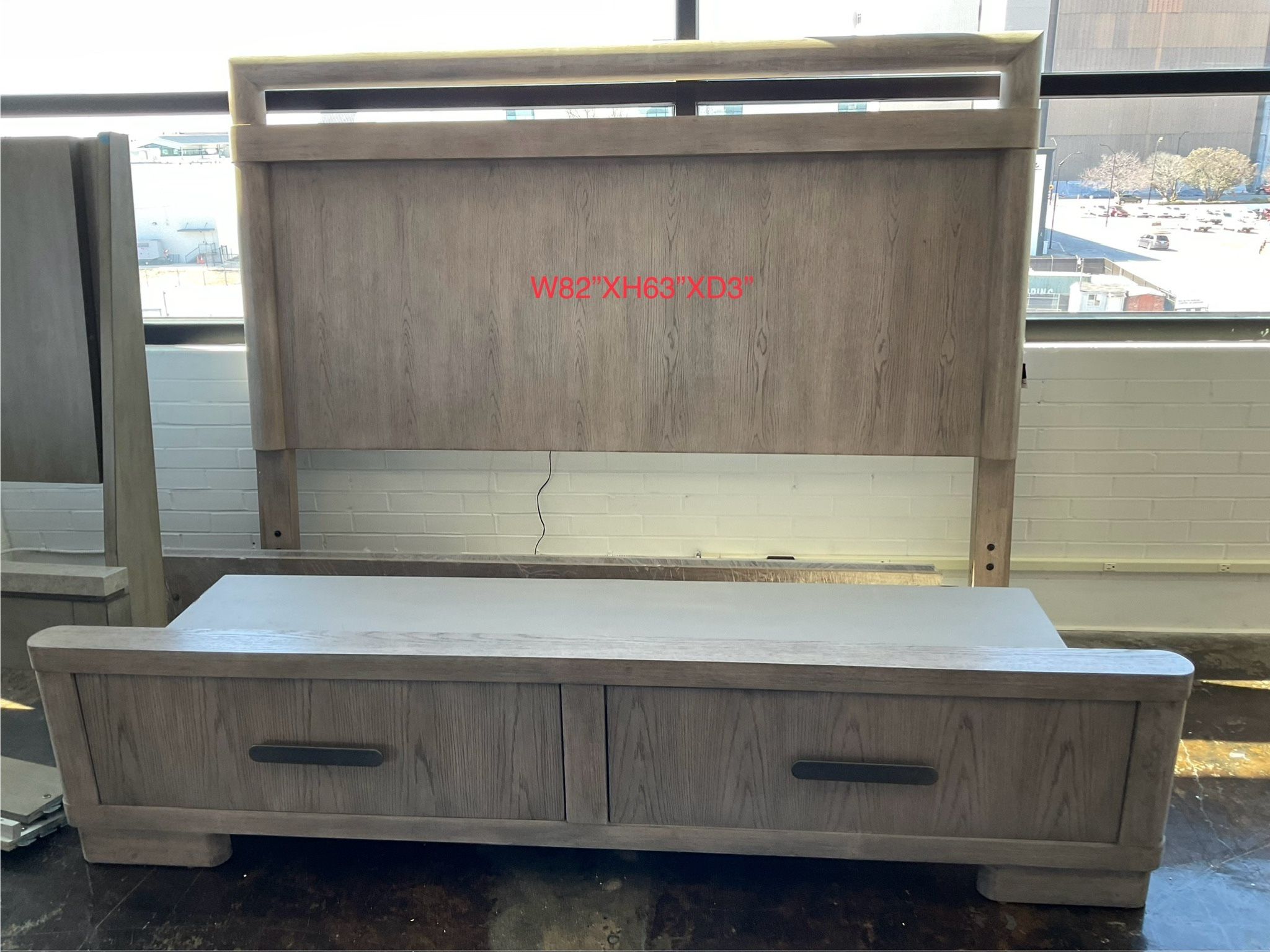 New king size storage platform solid wood gray bed with night light.