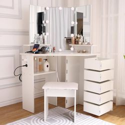 Makeup Vanity with LED Mirror and Charging Ports - Corner Vanity with 2 Charging Station and 5 Rotating Drawers,1 Matching Chair,Lights 3 Colors,White