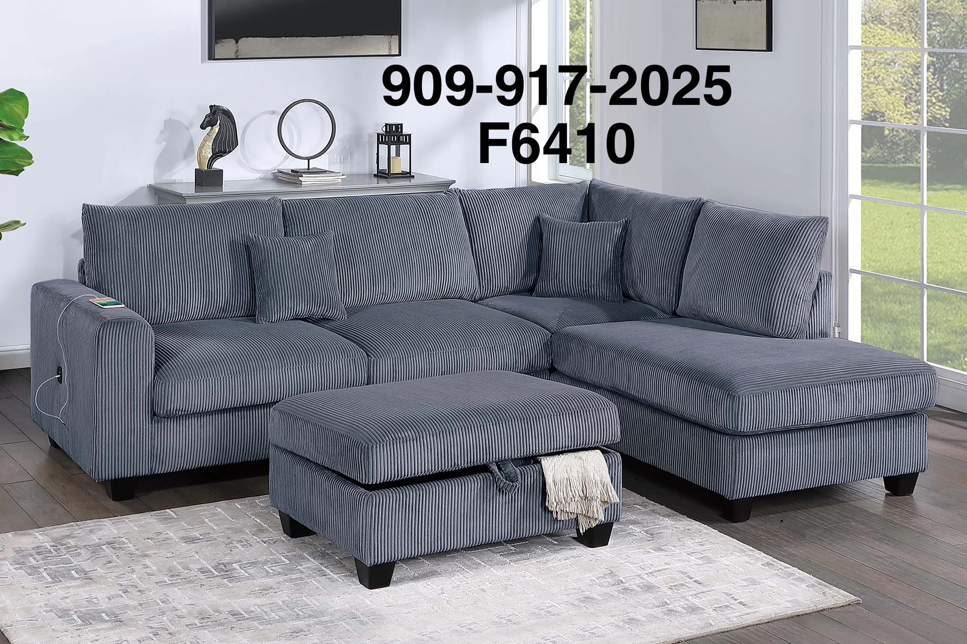 GREY CORDUROY SECTIONAL WITH STORAGE OTTOMAN