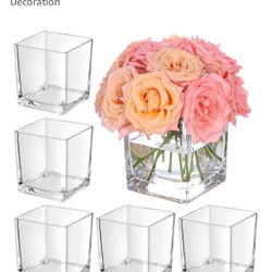 KEYWING 6 Pack Square Glass Vase 5" x 5" x 5", Clear Flower Vases for Centerpieces, Square Flower Vase Candle Holder for Wedding, Party, Home Office 