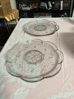 Set of two Clear Glass Embossed 12” round Floral Serving Plates never used $15 each