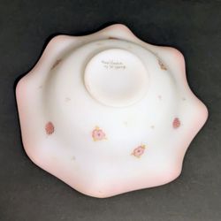 L George Hand Painted Elegant Pink Frosted Satin Glass Bowl Flowers Raspberries Vintage
