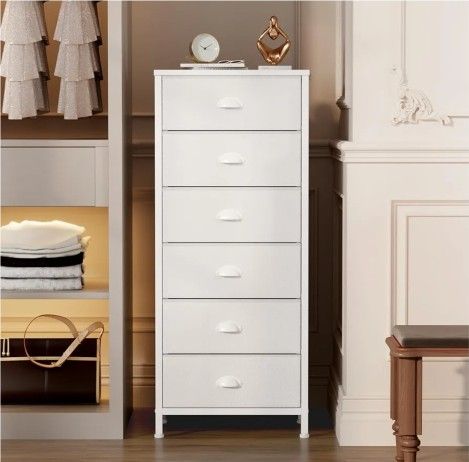 White Tall Dresser for Bedroom,Vertical Storage Tower Unit and End Table with 6 Fabric Drawers, Nightstand Furniture with Drawer NOT ASSEMBLED
