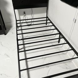 Twin Bed Frame with Charging Station, Twin Size Platform Bed with Metal Slats, Wood Headboard with 2 Fabric Drawers and Storage Shelves + mattress