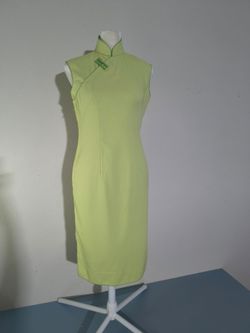 Lime Green Asian Sleeveless Shoulder Button Dress (Size M)