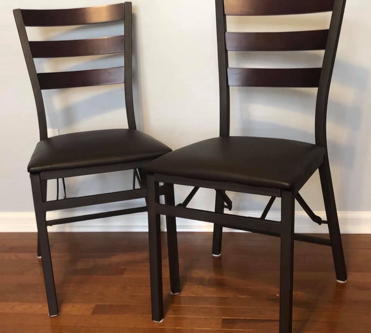 Collapsing Mahogany, Leather And Steel Chairs