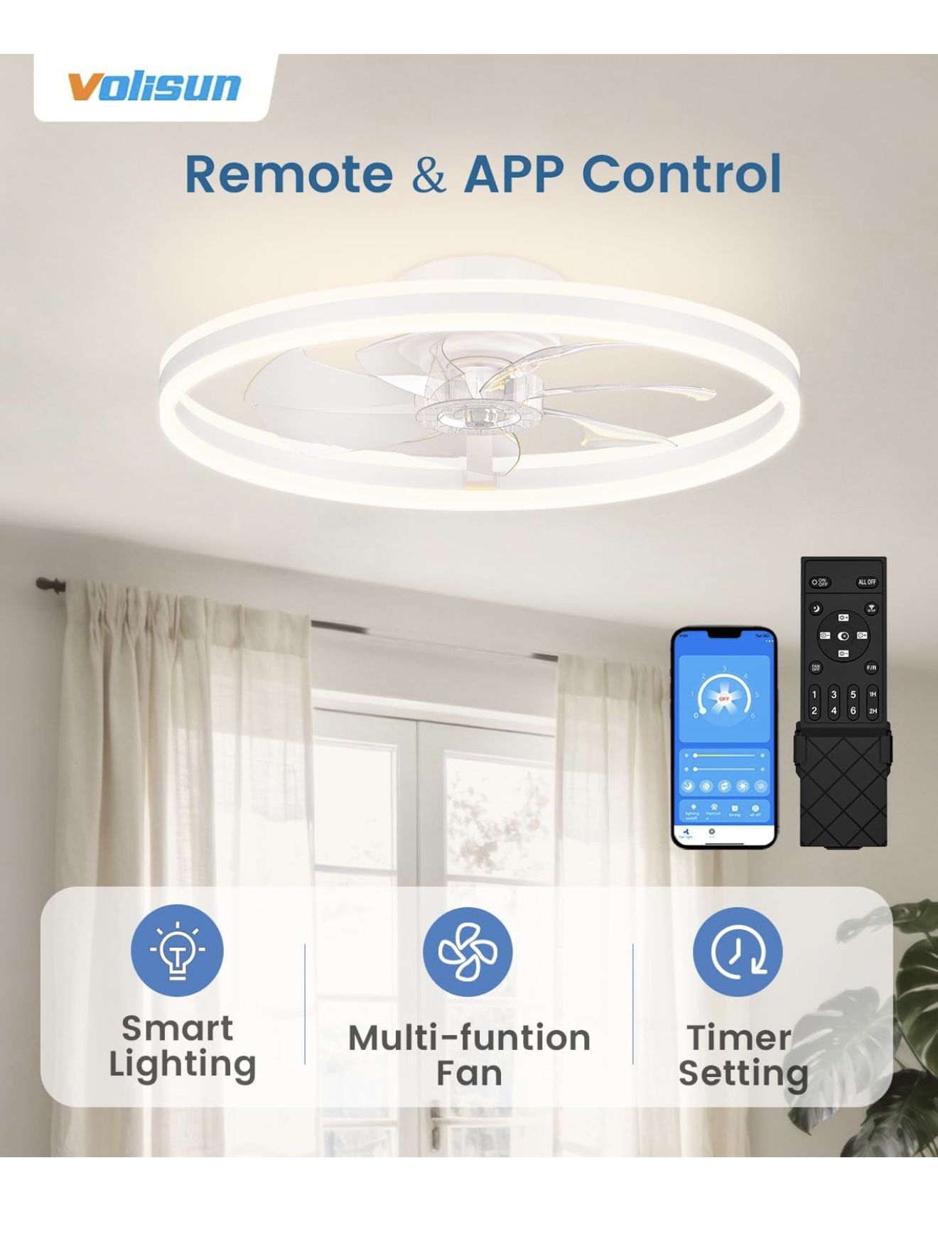 VOLISUN Low Profile Ceiling Fans with Lights and Remote, 24in Flush Mount Ceiling Fans with Light, 3000K-6500K Dimmable Fandelier LED Fan Light, White