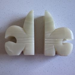 Heavy vintage onyx stone alabaster fleur de lis bookends
