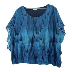 In'Voland Womens Top Plus Size 3x Sheer Blue Short Sleeve Black Banded Waistband