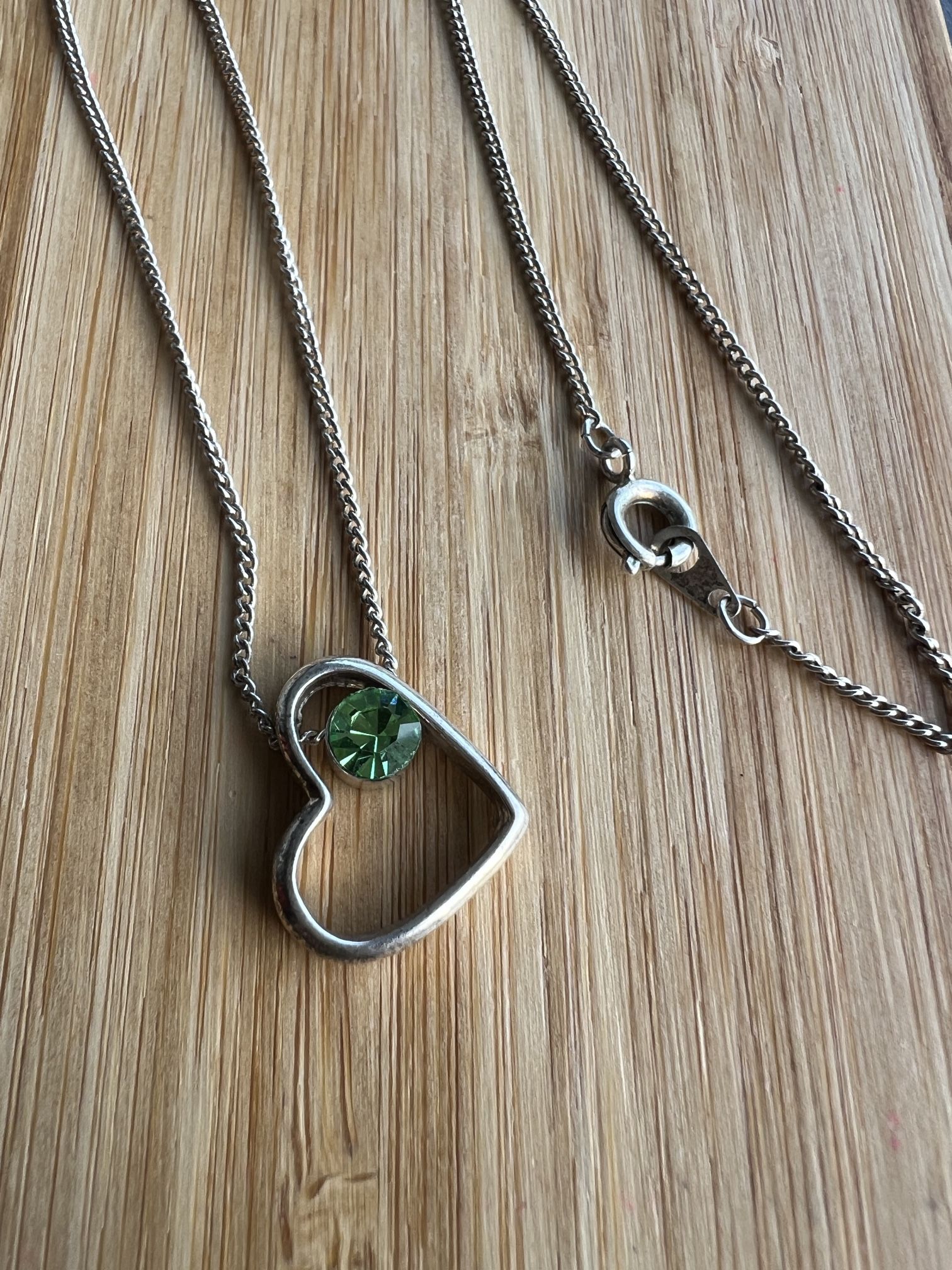 Elegant Silver Tone Heart Pendant Necklace with Green Crystal – 18” Chain