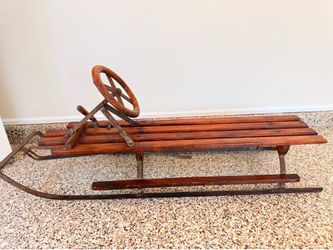 Vintage Wooden Snow Sled with Steering Wheel & Hand Brake - Rare Antique Decor