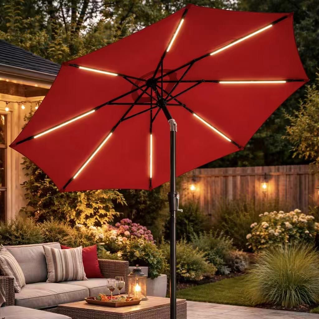 New In Box 9 Feet Tilt Crank Outdoor Patio Umbrella With Solar LED Strip Light Red Or Navy Blue Stand Is Not Included