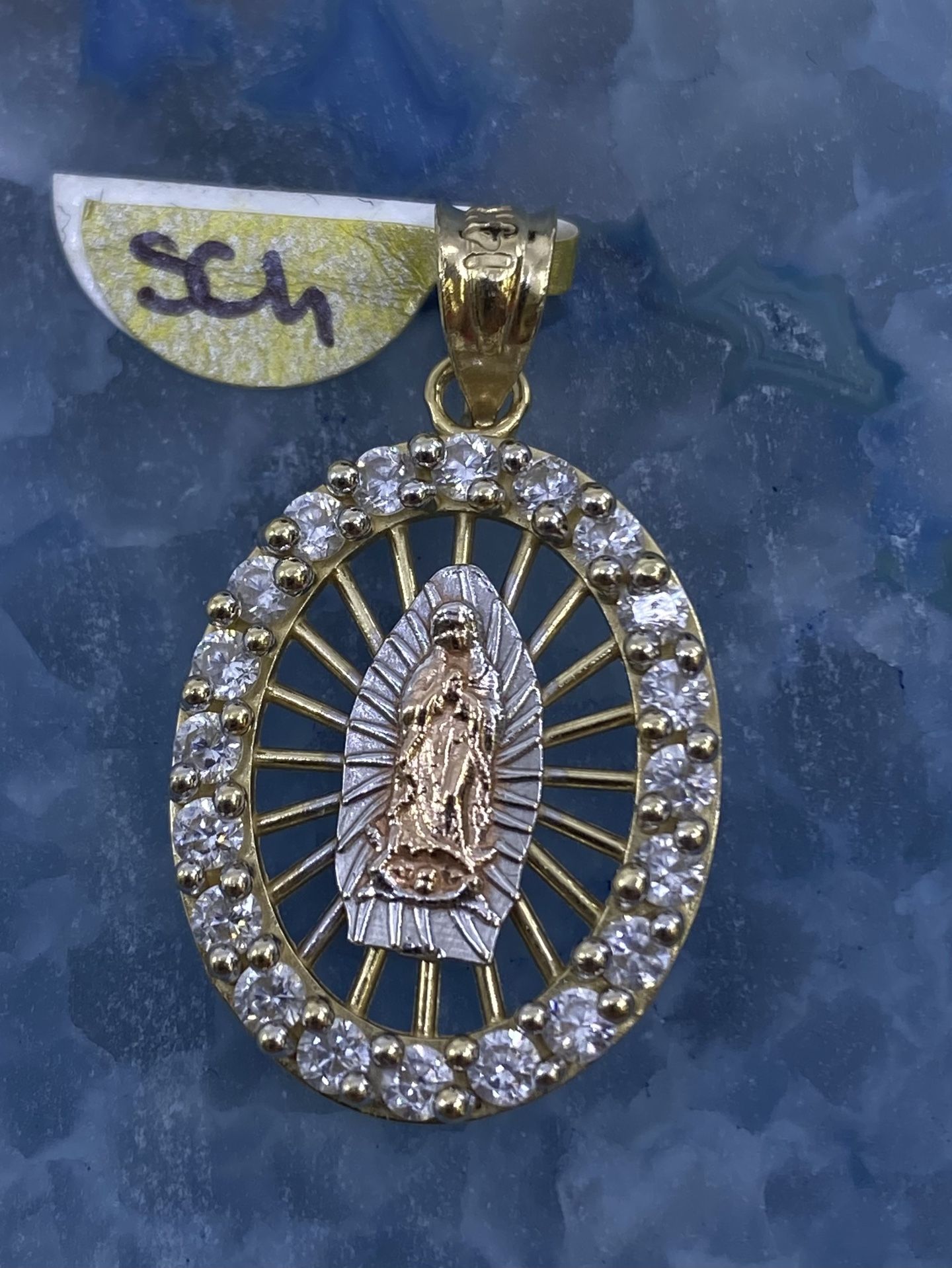$350 Three Tone Gold W Zirconia Virgin Mary Religious Charm Pendant