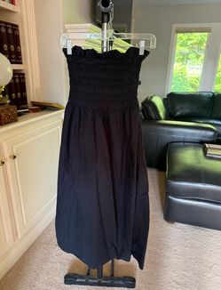 H&M Black 100% Cotton Smocked Strapless Midi Dress M