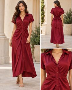 Burgundy Satin Maxi Shirt Dress Size S