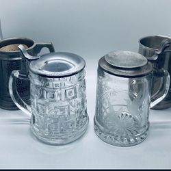 2 Vintage Glass Steins, Pewter Mug,  & Silver Mug Collection/ Lot