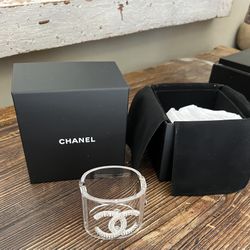 Authentic Chanel Clear Resin/Lucite Crystal CC Wide Cuff Bracelet 