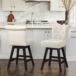 26''H Faux Leather Swivel Upholstered Bar Stools, White (Set of 2)