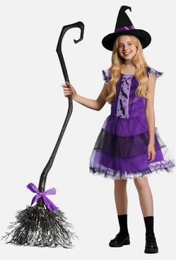 Girls size 10-12 Purple Witch Halloween Costume with Hat and Broom