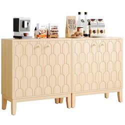 Farmhouse Storage Cabinet, Modern Buffet Sideboard with Doors, Fish Scale Pattern, Boho Cabinet for Dining Room, Natural, 2 Pieces  Color N